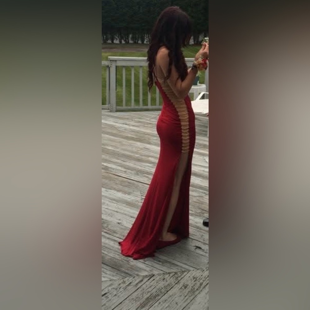 Jovani Red Backless Dress with Nude Accents